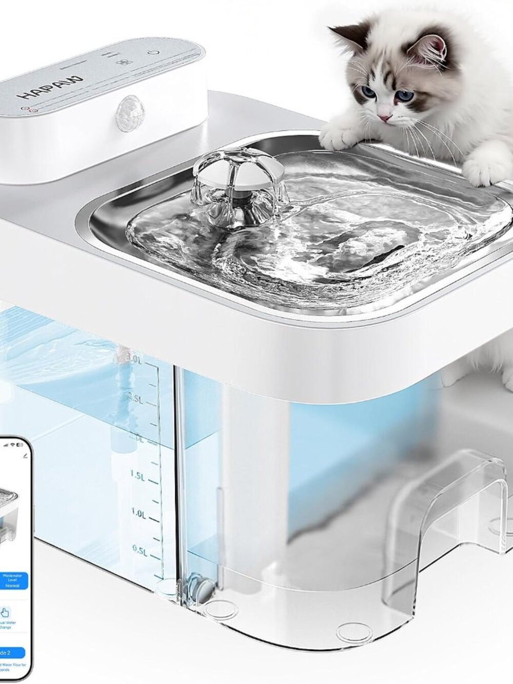 Hapaw 2026 Intelligent Pet Water Fountain No Filter Cotton App Monitoring